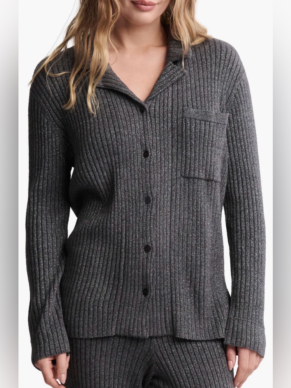 Barefoot Dreams Cozy Chic Ultra Lite Ribbed Button-Front Top - Gray NWT